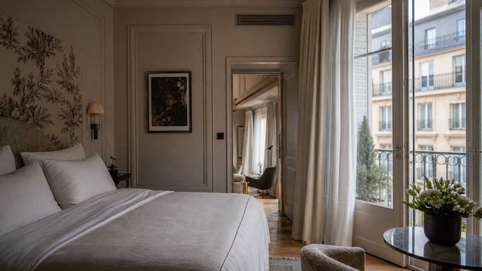 Chambre à coucher aux allures de suite d'hôtel de luxe, literie généreuse et lumière tamisée
