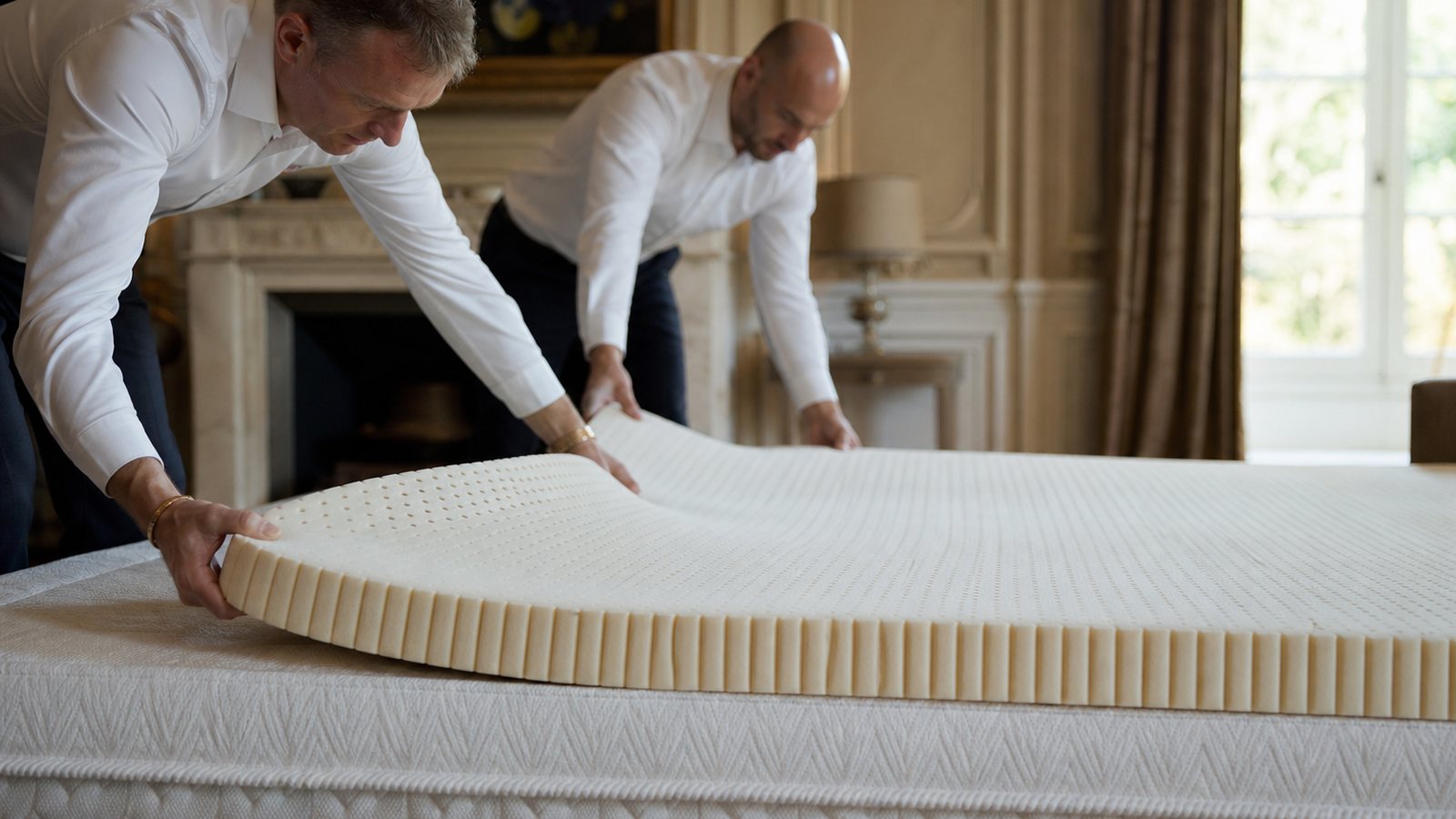 Coupe d'un matelas montrant côte à côte une couche de latex naturel et des ressorts ensachés