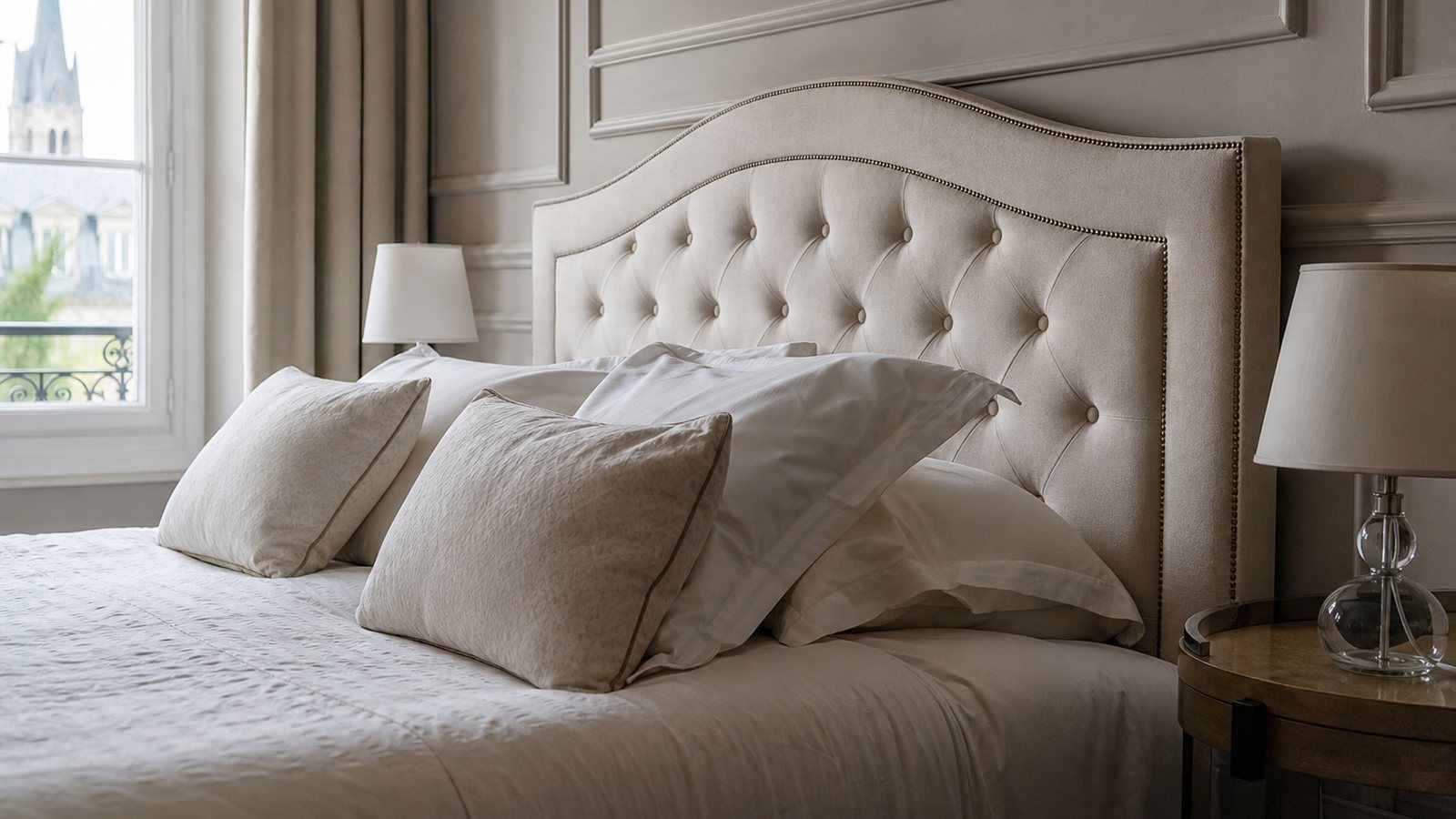 Tête de lit capitonnée en velours habillant une chambre haut de gamme aux teintes sobres
